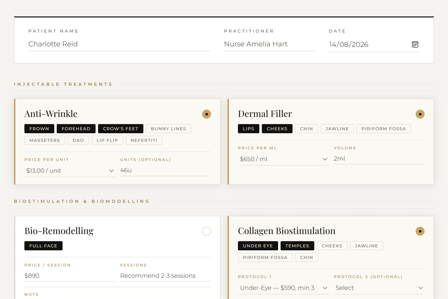 Face Prescription builder with treatment areas, prices, quantities and session counts