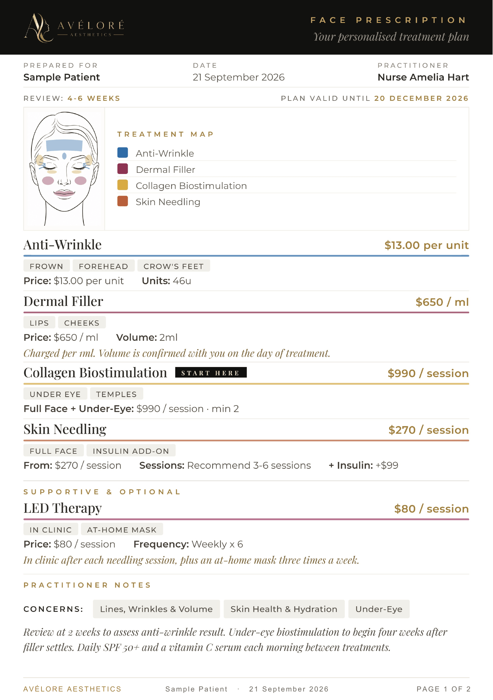 A finished Face Prescription showing a treatment map and costed plan