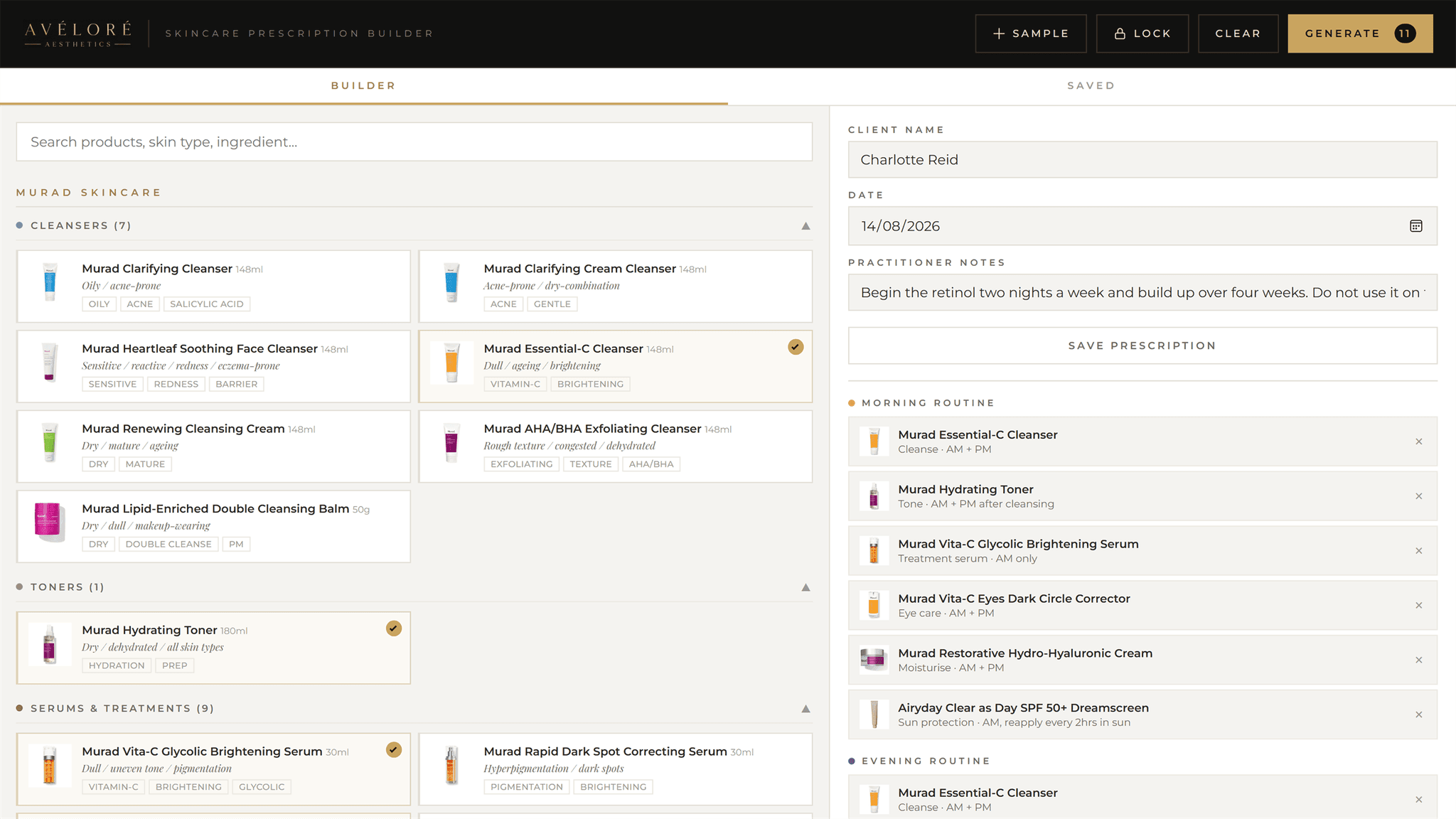 Skin Prescription builder with the demo clinic’s catalogue and selected morning and evening products